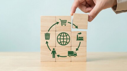 Hand completes a wooden block diagram illustrating global business processes supply chain and sustainability on a light wooden table against a soft blue background