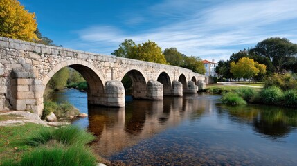 Fototapeta premium Scenic view of historic stone bridge arching over calm river under blue sky with fluffy clouds and vibrant autumn trees in tranquil landscape setting
