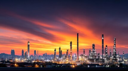 Fototapeta premium Industrial skyline at sunset with silhouettes of smokestacks, oil rigs, and city buildings against vibrant orange and purple sky colors