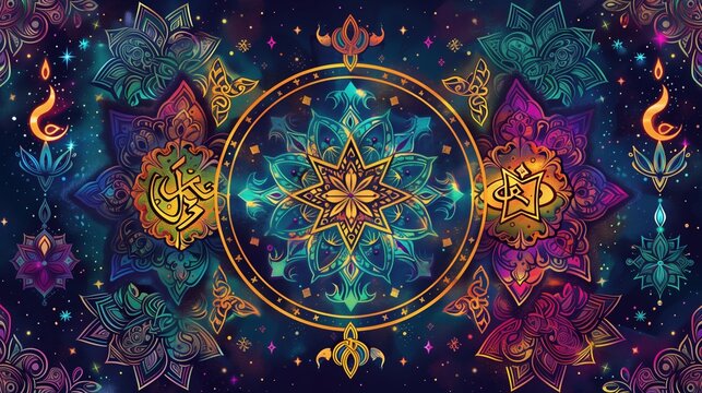 World Interfaith Harmony Week: Artistic illustration of interconnected religious symbols forming beautiful mandala pattern - cross, crescent and star, om symbol, Star of David, dharma wheel