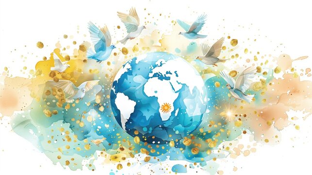 World Interfaith Harmony Week:  watercolor illustration style showing world globe surrounded by floating religious symbols and peaceful doves, soft pastel color palette with golden highlights