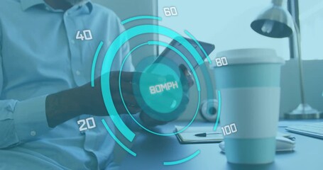 Tech professional tapping smartphone screen at desk, updating speedometer graphic displaying speeds - Powered by Adobe