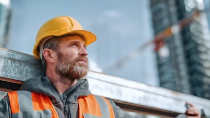 A construction worker with a hard hat carries a steel beam with focused expression against a building background natural light