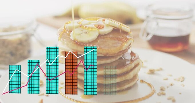 Syrup dripping onto pancake stack, digital bars rising with trend lines forming to visualize growth