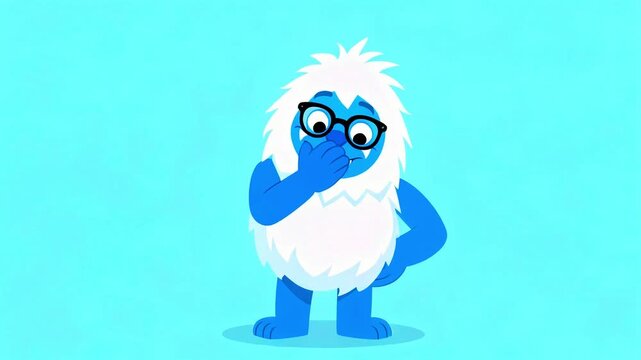 Adorable blue yeti mascot wearing black framed glasses stands confidently with hands on hips against a bright cyan background