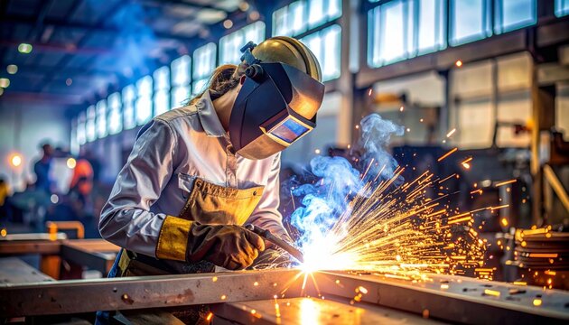 A skilled industrial welder wearing a safety mask works in a factory, welding steel and metal to create bright sparks and an arc light during the manufacturing process