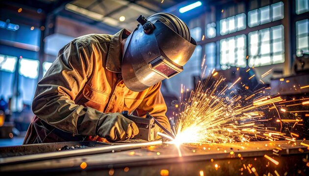 A skilled industrial welder wearing a safety mask works in a factory, welding steel and metal to create bright sparks and an arc light during the manufacturing process