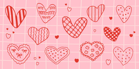 Whimsical decorative elements for Valentine's Day greeting cards, wedding invitations, prints. Set of trendy hand drawn vector hearts. Symbols of Valentine's Day and love. 