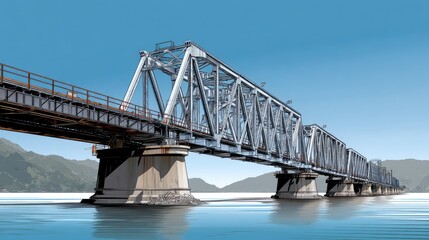 Fototapeta premium Detailed view of modern steel truss bridge spanning calm water with mountain backdrop under clear blue sky, showcasing engineering and structural design