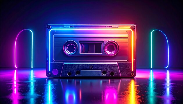 Retro plastic audio cassette tape and vintage stereo recorder equipment isolated on a white background for old school music recording and magnetic media sound data