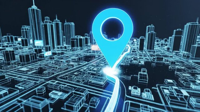 Blue map marker over futuristic city grid with glowing route and skyscraper skyline emitting neon light digital navigation feeling and dynamic motion futuristic city map with glowing navigation route