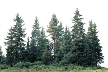 A dense group of evergreen trees with a light sky background is featured. It's good for nature scenes, and serene landscape designs projects.