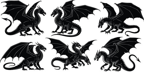 Black dragon silhouette illustration set with flying and standing poses, detailed fantasy creature designs for tattoos, logos, game art, heraldry, and mythical concept illustrations © Arafat World