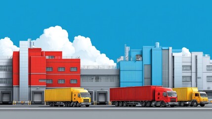 Colorful Industrial Warehouse with Delivery Trucks in Bright Blue Sky and Fluffy Clouds, Urban Logistics and Transportation Scene