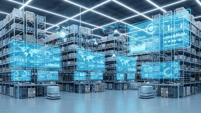 Futuristic Warehouse Management System with AI-Powered Inventory Tracking and Logistics Optimization - Isometric 3D Rendering of Modern Supply Chain Technology