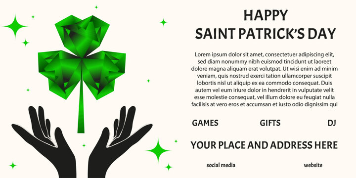 Modern Saint Patrick's Day horizontal ads banner. Modern vector vibrant color Gradient green clover in black hands. Perfect celt irish party promotion banner with bold holiday message. EPS 10