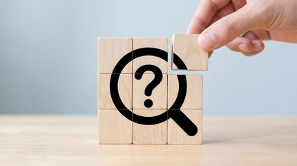 Hand carefully places wooden cube completing magnifying glass and question mark puzzle on light wooden table against soft blue background symbolizing search problem solvi