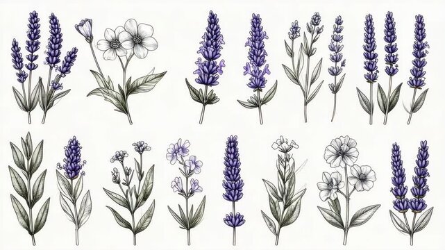 Botanical illustration featuring various flowers, including purple lavender, and white wildflowers, in a hand-drawn, vintage aesthetic.