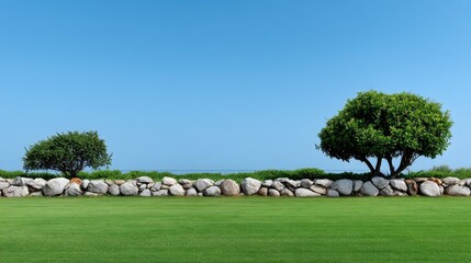 Serene Coastal Landscape Featuring Lush Green Grass, Boulders, and Tropical Trees Under a Clear Blue Sky by the Ocean