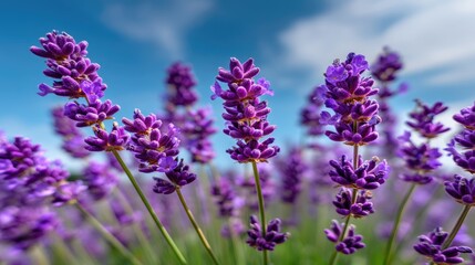 Obraz premium Beautiful lavender flowers blooming under a clear blue sky with vibrant colors and natural beauty in a serene outdoor setting
