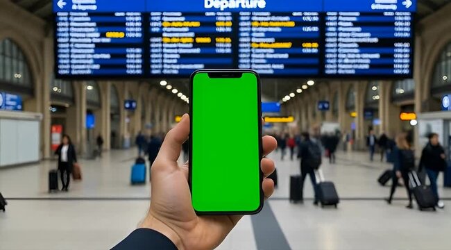 Hand holding smartphone with green screen at train station.