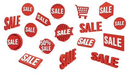 Numerous red sale signs and a shopping cart on a white background