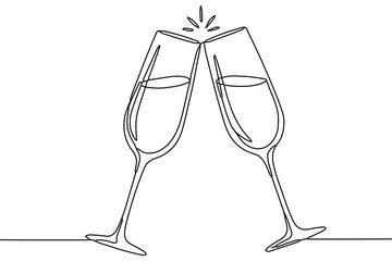 One line champagne glasses toast minimalist outline illustration in black and white