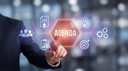 Professional businessman hand touches virtual screen Agenda button surrounded by business icons representing strategy planning and organization in a modern digital office
