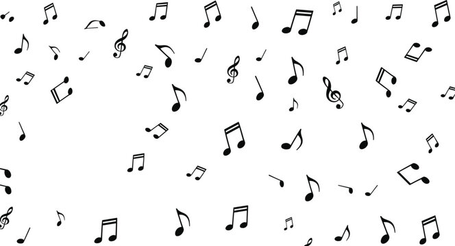 Music notes pattern with treble clefs, rhythm symbols, melody icons, scattered musical elements, seamless decorative music clipart for creative designs