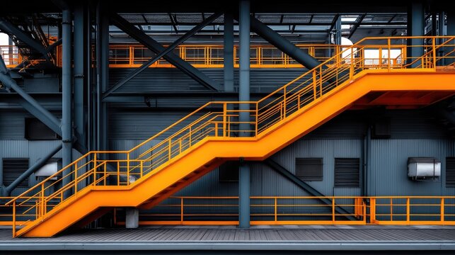 Industrial Staircase with Orange Railing in a Modern Factory Setting on a Textured Metallic Background