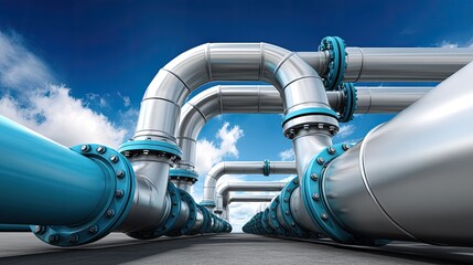 Intricate Industrial Pipelines with Blue Accents Under a Blue Sky and White Clouds Conveying Engineering and Modern Infrastructure Aesthetics