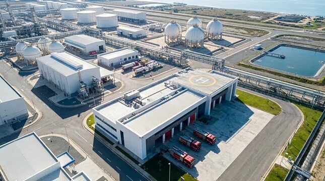 Aerial view of an industrial complex with storage tanks, fire station, and helipad industrial, tanks.