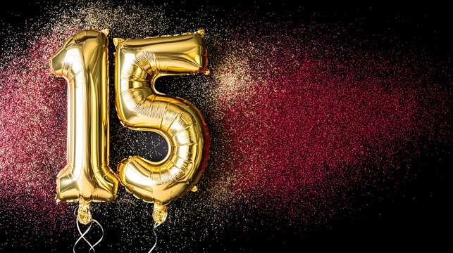 Gold foil balloon number, digit fifteen. Birthday greeting card, inscription 15 Anniversary celebration event. Banner. Stylish golden numeral, light bokeh, glitter, ai generated