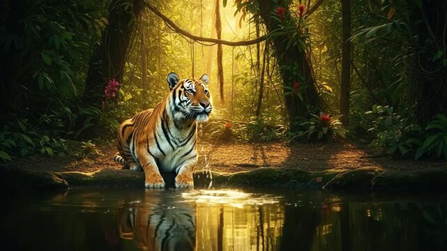 Majestic tiger drinks water at jungle riverbank, sunlit tropical rainforest.