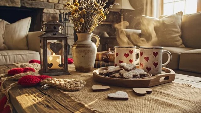 Cozy Valentine's Day setup with warm drinks, cookies, and romantic accents