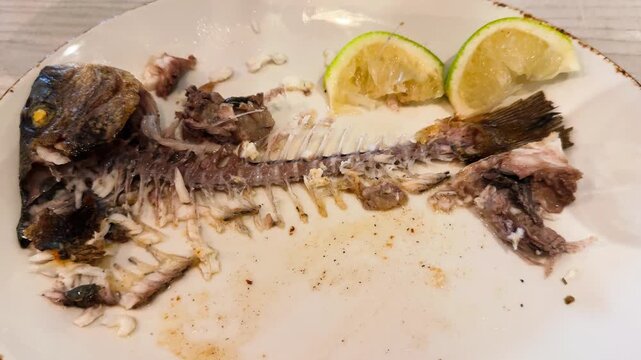 A dirty plate with a dorado fish skeleton and embroidered lemon wedges. Dinner is over. The dirty plate sits on the table in a seafood restaurant. High quality 4k footage