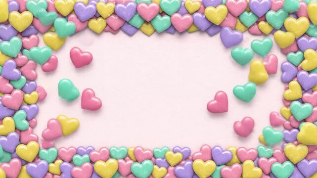 Heartfelt arrangement with pastel colored hearts creating a border and frame