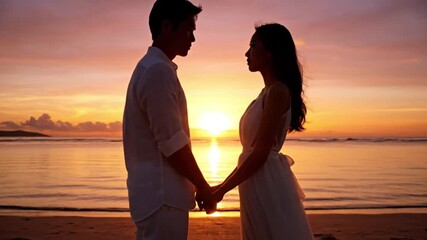 Romantic couple embracing against a vibrant sunset on a sandy beach