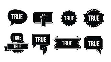 Collection of black and white true labels in various shapes and designs