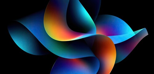 A vibrant abstract composition featuring flowing, iridescent ribbons against a deep black background
