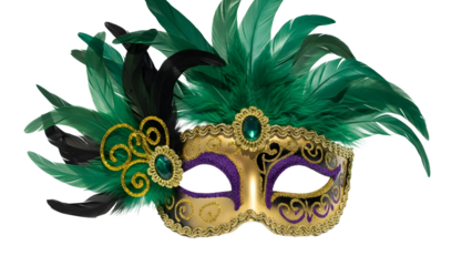 Mardi gras gold mask with green feathers isolated on transparent background