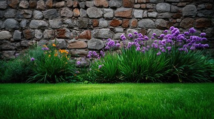 Vibrant Garden with Purple Flowers Beside Stone Wall and Lush Green Grass in Natural Light Setting for Outdoor Beauty and Landscaping Inspiration