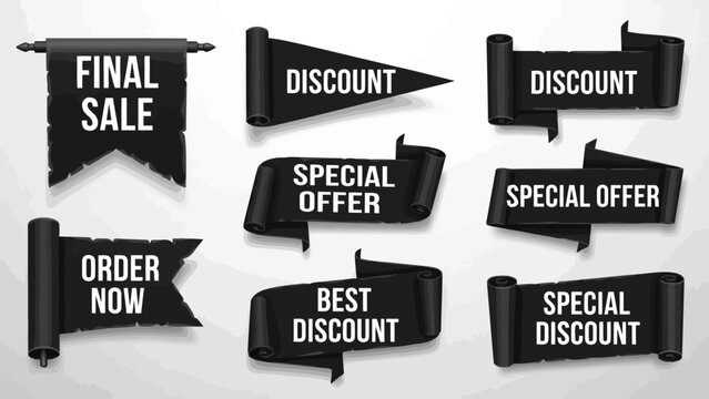 Collection of black sale ribbons and banners with promotional text
