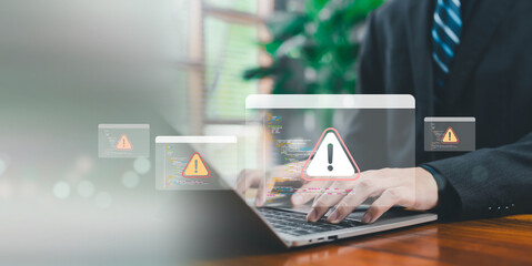 Business professional analyzing laptop data with magnifying glass and warning alert icons, representing risk assessment, cybersecurity threat detection, system audit, software error, data protection.