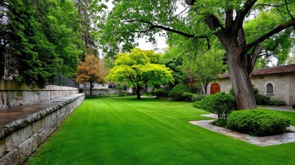 Naklejka premium Lush Green Lawn Surrounded by Trees and Shrubs in a Serene Park Setting, Ideal for Outdoor Recreation and Relaxation