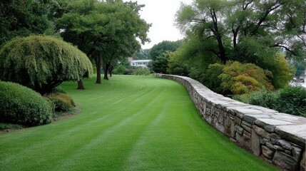 Serene Landscape with Manicured Lawn and Stone Wall Surrounded by Lush Green Trees and Foliage on a Cloudy Day