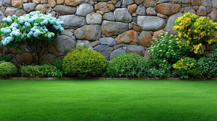 Lush Green Lawn Surrounded by Colorful Flowering Shrubs Against a Rustic Stone Wall in a Serene Outdoor Setting