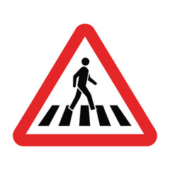 Flat minimalist pedestrian crossing sign icon in red triangle with black walking figure on zebra stripes. © Lif