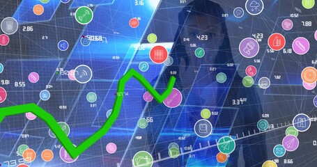 Animation of network of connections with icons over globe - Powered by Adobe