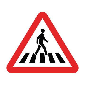 Flat minimalist pedestrian crossing sign icon in red triangle with black walking figure on zebra stripes.